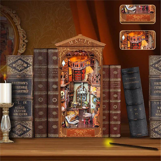 KDIOMALL DIY Wooden Book Nook Bookend Miniature Magic Bookstore