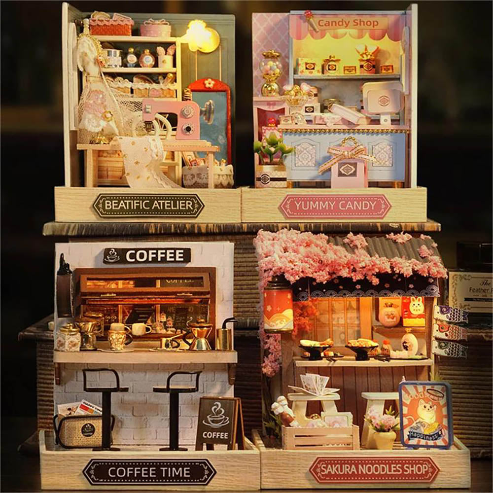 KDIOMALL Miniature Building Kit Cafe Noodle House Candy Shop Wedding Dress Shop Creative Gifts