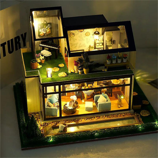 KDIOMALL Miniature Nordic Style Villa Model With Furniture and Music Box