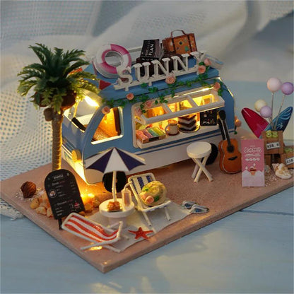 KDIOMALL Wooden Circus Car Ice Cream Truck Parade Kanto Cooking Shop With Light