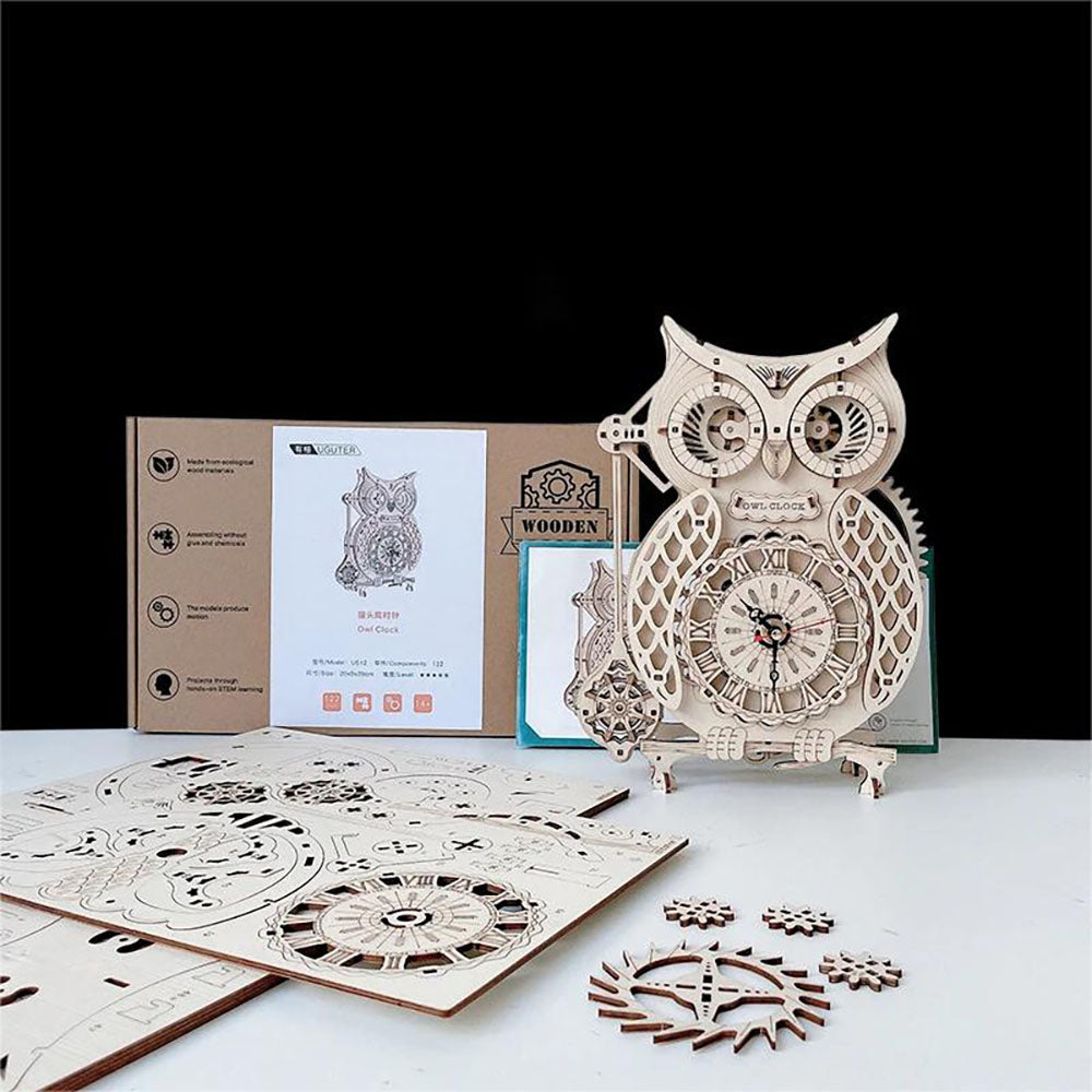 KDIOMALL Wooden Creative Owl Clock Mechanical Gear Model Pendulum Clock