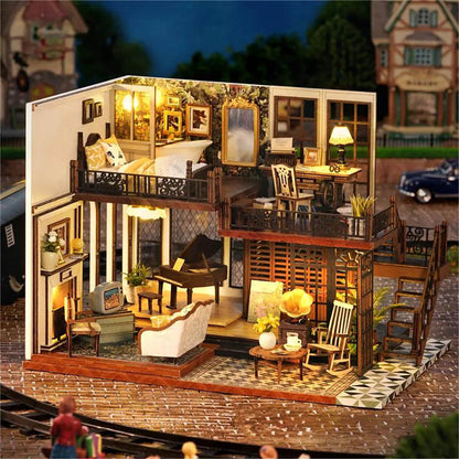 KDIOMALL Wooden DIY Dollhouse Time Imprint Retro Duplex Villa Model