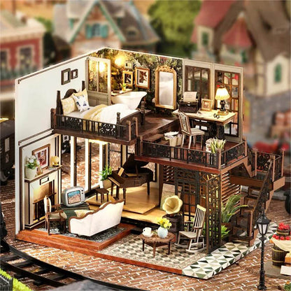 KDIOMALL Wooden DIY Dollhouse Time Imprint Retro Duplex Villa Model