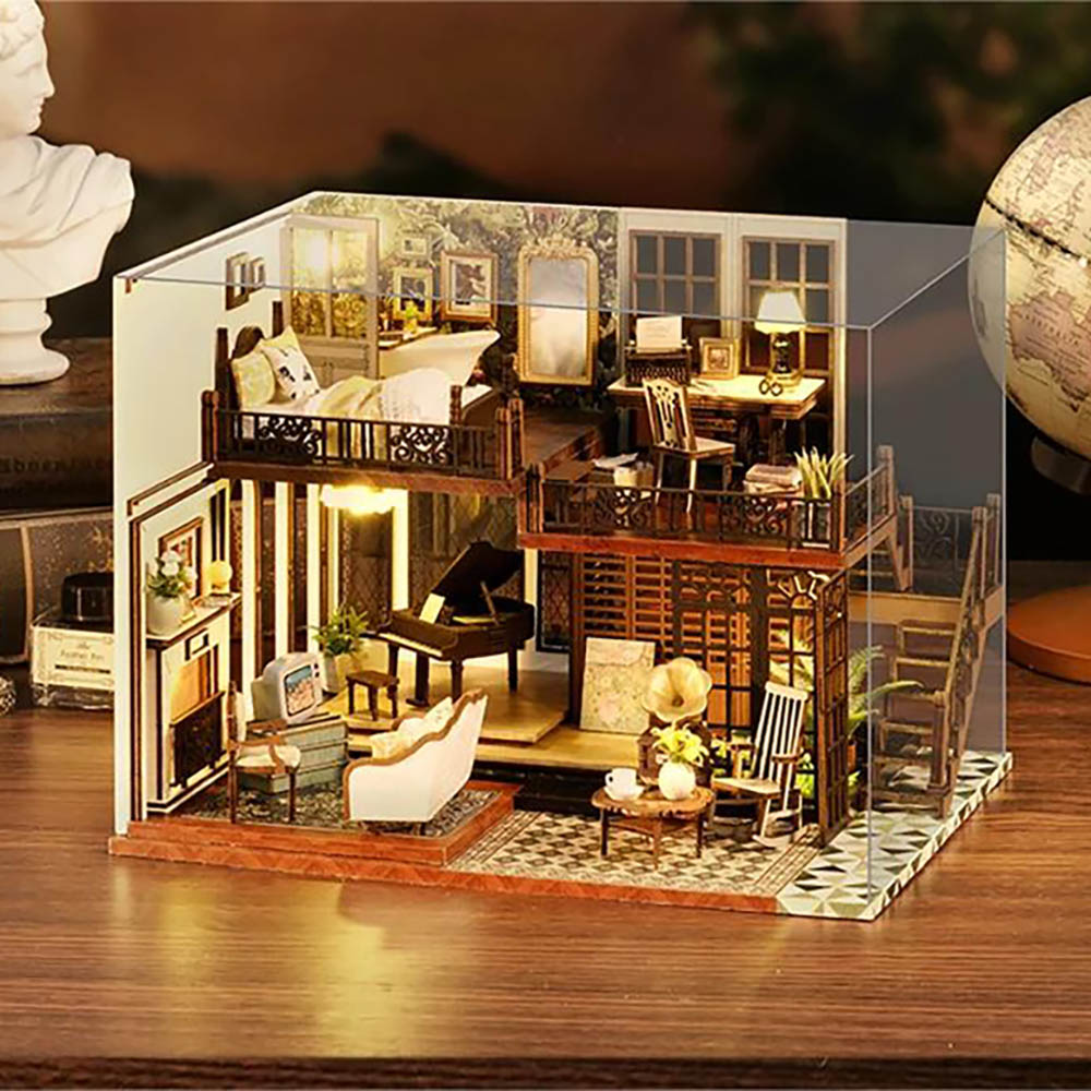 KDIOMALL Wooden DIY Dollhouse Time Imprint Retro Duplex Villa Model