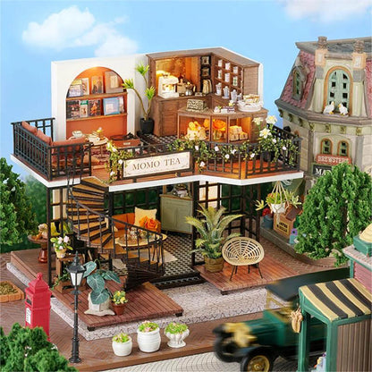 KDIOMALL Wooden Dollhouse Jungle Tea Shop Miniature Forest Coffee Store