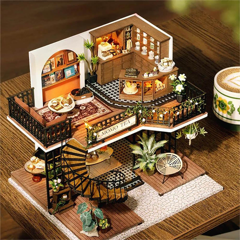 KDIOMALL Wooden Dollhouse Jungle Tea Shop Miniature Forest Coffee Store