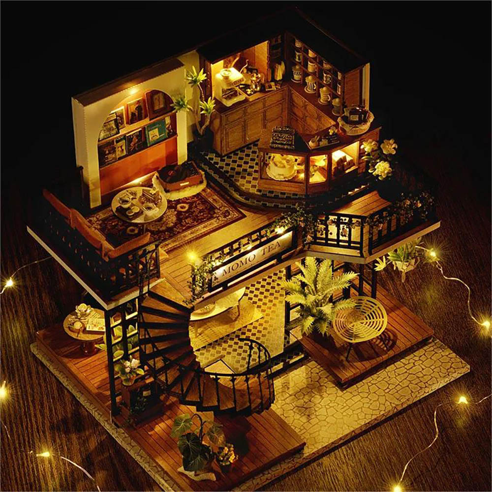 KDIOMALL Wooden Dollhouse Jungle Tea Shop Miniature Forest Coffee Store