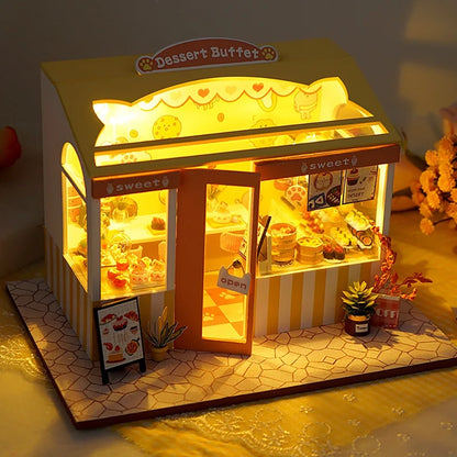 KDIOMALL Wooden Miniature Building Kit Sushi Store Cake Shop Flower Shop