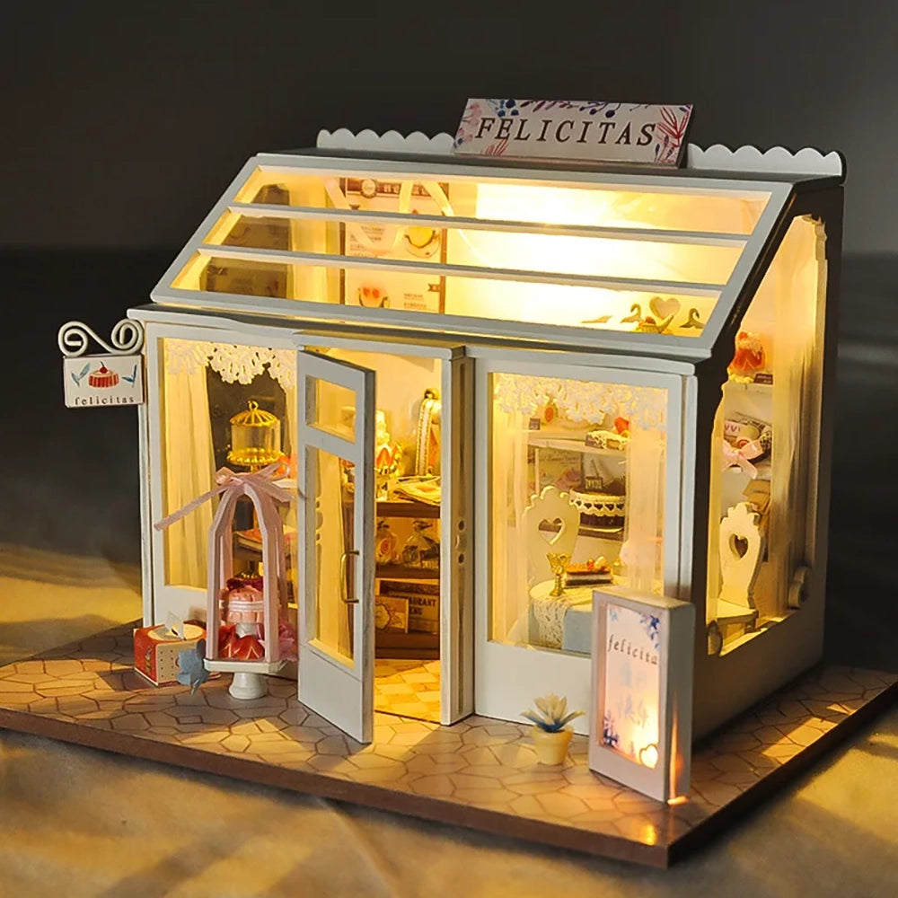 KDIOMALL Wooden Miniature Building Kit Sushi Store Cake Shop Flower Shop