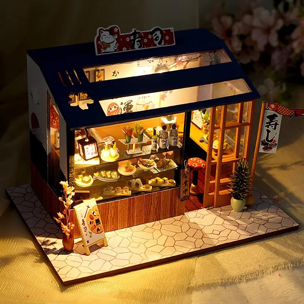 KDIOMALL Wooden Miniature Building Kit Sushi Store Cake Shop Flower Shop