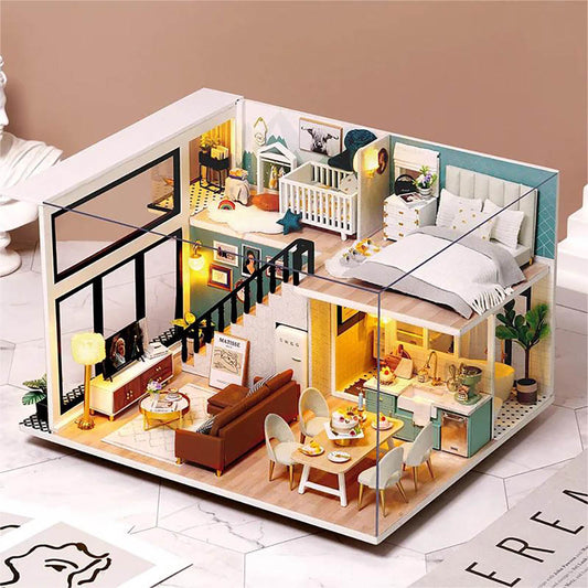 KDIOMALL Wooden Modern Apartment Model with Furniture Dust Cover Music Box