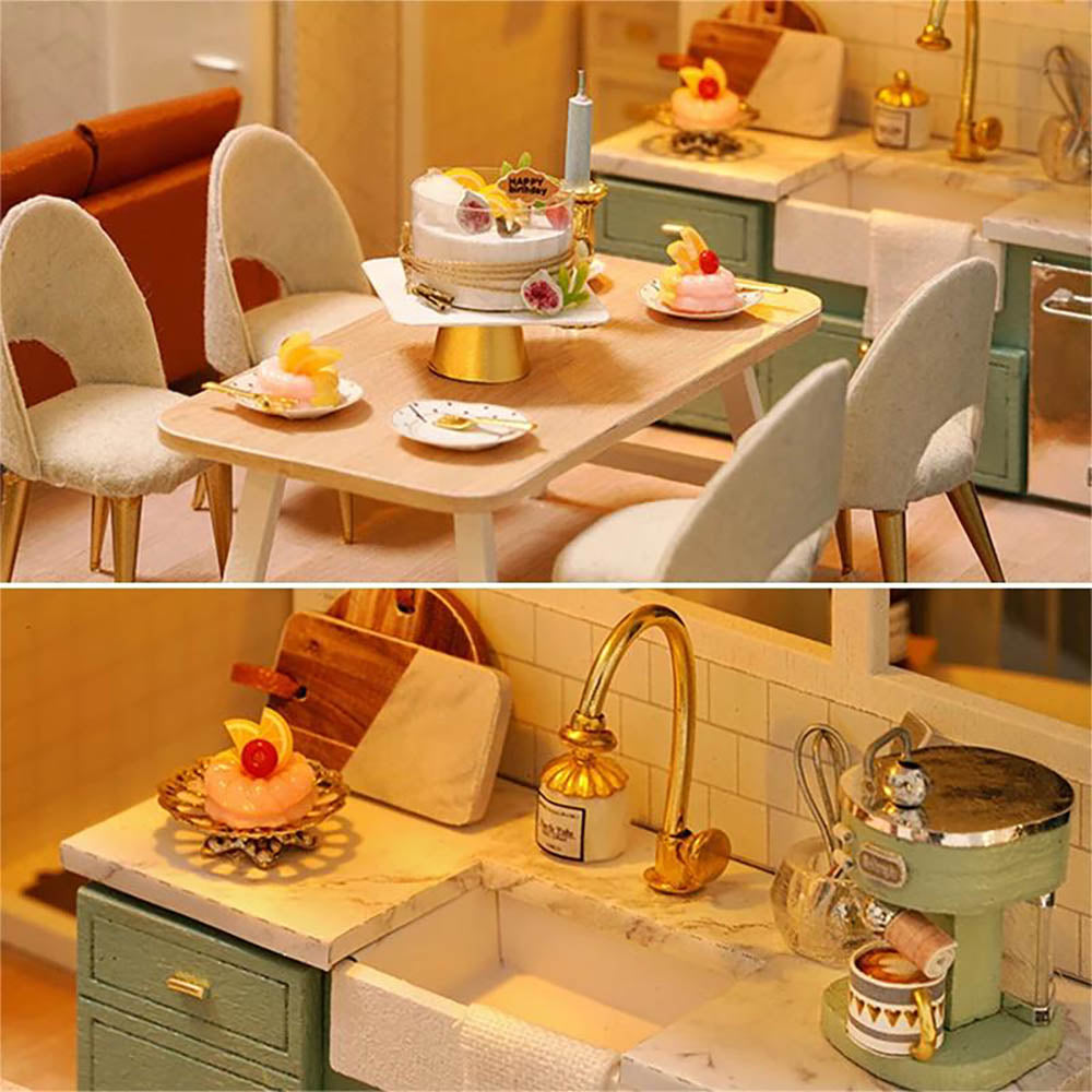 KDIOMALL Wooden Modern Apartment Model with Furniture Dust Cover Music Box