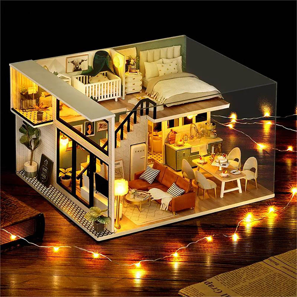 KDIOMALL Wooden Modern Apartment Model with Furniture Dust Cover Music Box