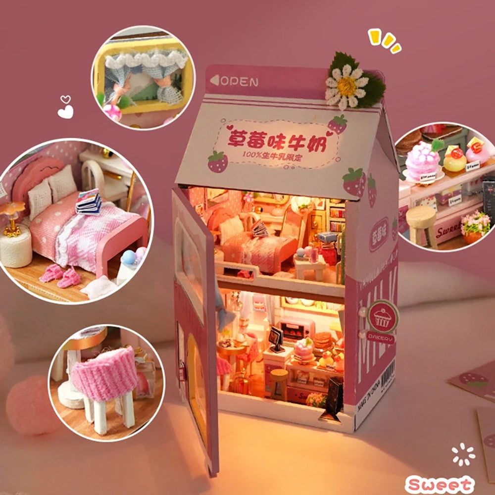 KDIOMALL DIY Mini Cake Bedroom Strawberry Banana Milk Dollhouse