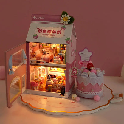 KDIOMALL DIY Mini Cake Bedroom Strawberry Banana Milk Dollhouse